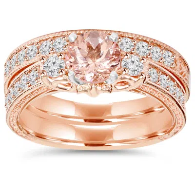 POMPEII3 1 1/2CT VINTAGE DIAMOND & MORGANITE ENGAGEMENT WEDDING RING SET 14K ROSE GOLD