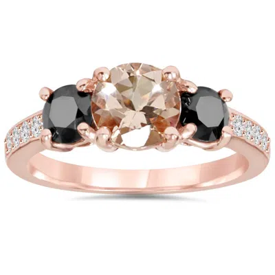 POMPEII3 2.10CT MORGANITE & BLACK DIAMOND ENGAGEMENT 3-STONE RING 14K ROSE GOLD