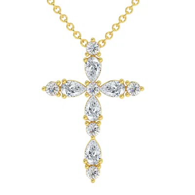 POMPEII3 3/4CT DIAMOND CROSS ROUND & PEAR SHAPE 14K GOLD NECKLACE LAB GROWN 1" TALL