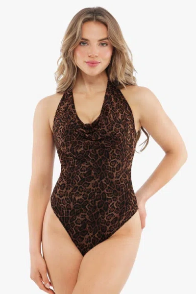 POPILUSH POPILUSH SHAPEWEAR COWL NECK LEOPARD TUMMY CONTROL HALTER BODYSUIT
