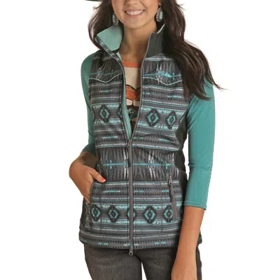 POWDER RIVER AZTEC PRINT SOFTSHELL VEST IN GREY/TEAL/BLACK