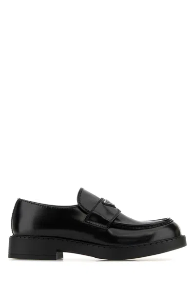 PRADA PRADA BLACK LEATHER CHOCOLATE LOAFERS