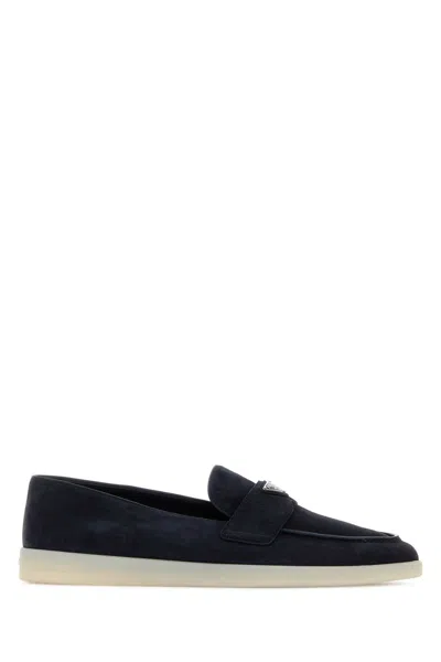 PRADA PRADA NAVY BLUE SUEDE LOAFERS