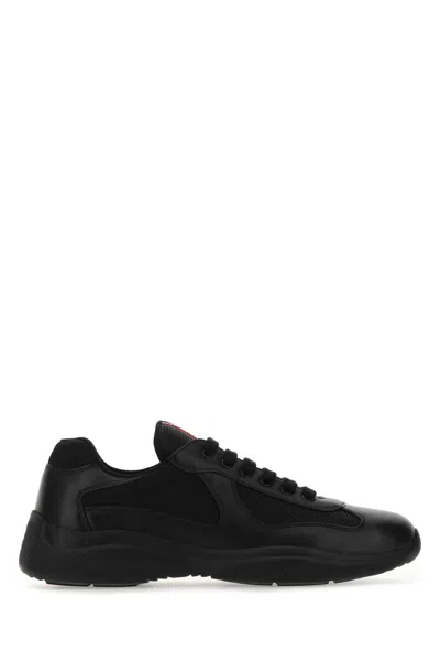 PRADA PRADA BLACK LEATHER AND TECH FABRIC SNEAKERS