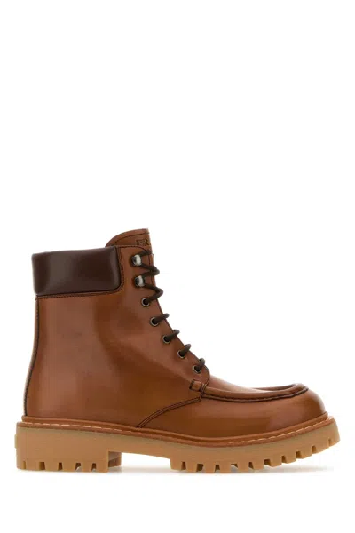 PRADA PRADA CARAMEL LEATHER ANKLE BOOTS