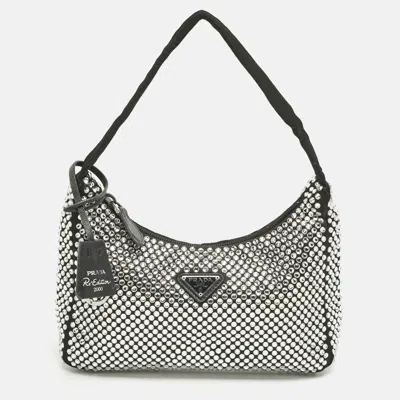 PRADA BLACK SATIN RE-EDITION 2000 CRYSTALS SHOULDER BAG