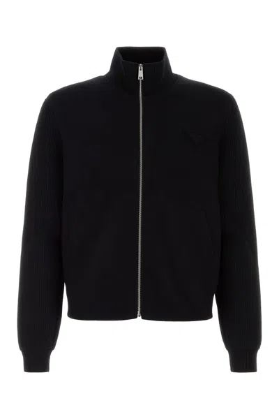 PRADA BLACK STRETCH WOOL BLEND CARDIGAN