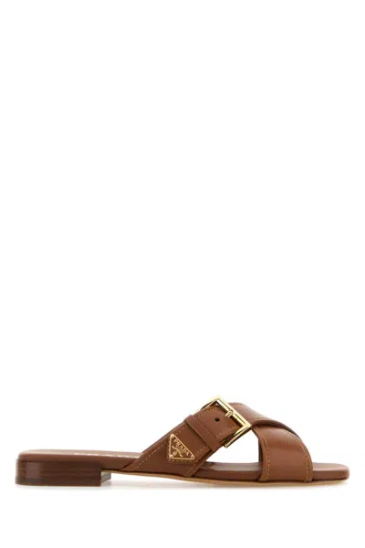 PRADA WOMEN BROWN LEATHER SANDALS, 5.5 LUXURY SANDALS & FLOATERS FOR WOMEN DARVEYS