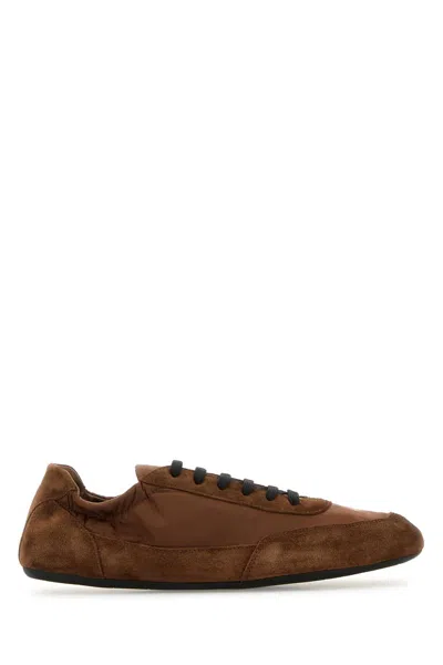 PRADA PRADA BROWN RE NYLON AND SUEDE COLLAPSE SNEAKERS