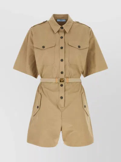 PRADA COTTON JUMPSUIT WITH BELTED WAIST AND POCKETS
