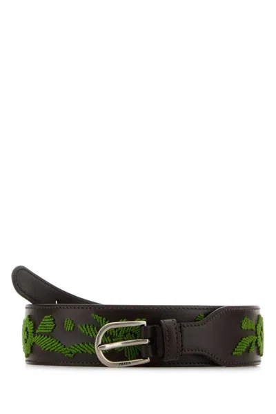 PRADA DARK BROWN EMBROIDERED BELT