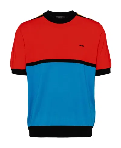 PRADA PRADA COLOUR-BLOCK CREWNECK KNITTED T-SHIRT