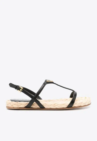 PRADA ENAMEL TRIANGLE LOGO FLAT SANDALS