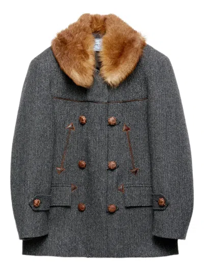 PRADA HERRINGBONE FUR-COLLAR COAT