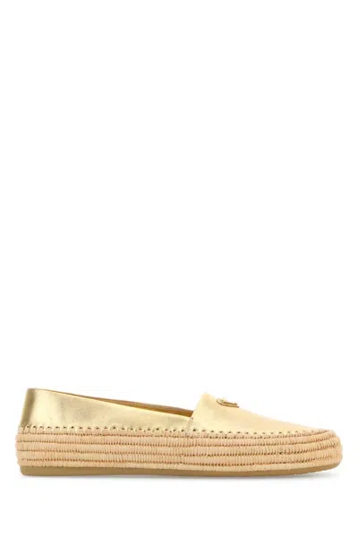 PRADA WOMEN GOLDEN LEATHER ESPADRILLES, 8.5 LUXURY ESPADRILLES FOR WOMEN DARVEYS