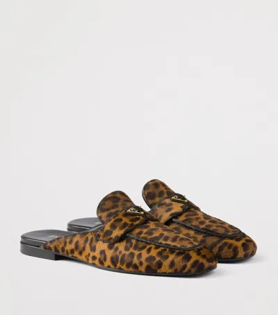 PRADA LEATHER LEOPARD LOGO MULES