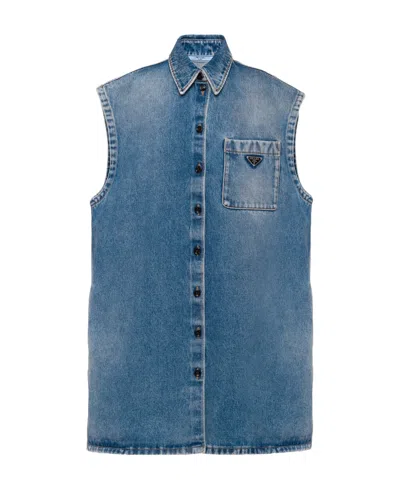 PRADA PRADA LOGO PLAQUE SLEEVELESS DENIM SHIRT