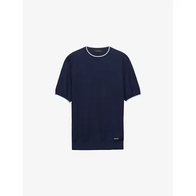 PRADA MENS BLUE BRAND-APPLIQUÉ SHORT-SLEEVE SILK AND COTTON-BLEND KNITTED JUMPER