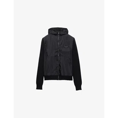 PRADA MENS BLACK HOODED TRIANGLE-LOGO CASHMERE AND WOOL CARDIGAN