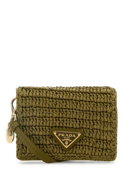 PRADA PRADA OLIVE GREEN RAFFIA CARD HOLDER