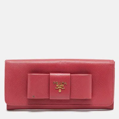 PRADA PINK SAFFIANO METAL LEATHER BOW FLAP CONTINENTAL WALLET