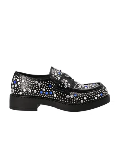 PRADA BRUSHED-LEATHER LOAFERS WITH STUDS AND RHINESTONES