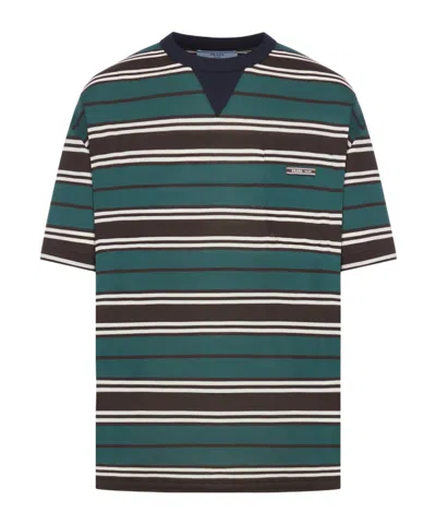 PRADA PRADA LOGO PATCH STRIPED CREWNECK T-SHIRT