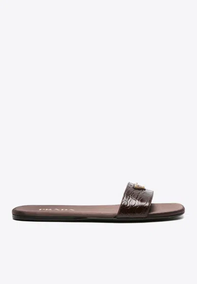 PRADA TRIANGLE LOGO CROC-EMBOSSED LEATHER FLAT SANDALS