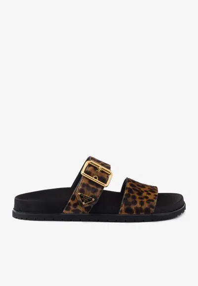 PRADA TRIANGLE LOGO LEOPARD PRINT FLAT SANDALS