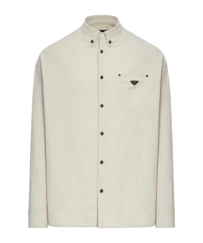 PRADA PRADA CHAMBRAY TRIANGLE-LOGO BUTTON-UP SHIRT
