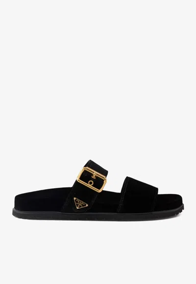 PRADA TRIANGLE LOGO VELVET FLAT SANDALS
