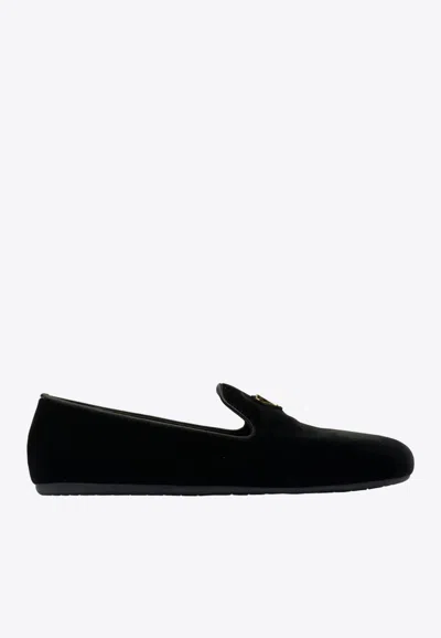 PRADA TRIANGLE LOGO VELVET LOAFERS