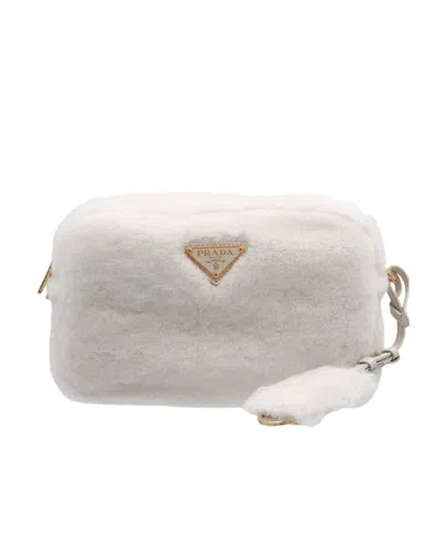 PRADA PRADA LOGO PLAQUE SHEARLING ZIPPED SHOULDER BAG