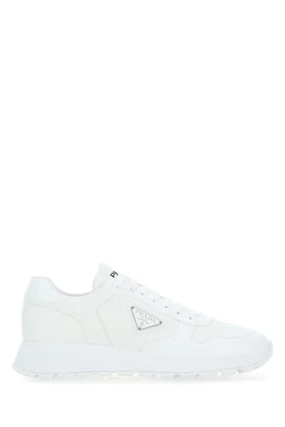 PRADA WHITE RE-NYLON AND LEATHER SNEAKERS