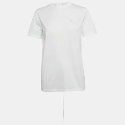 PRADA WHITE TRIANGLE APPLIQUÉ COTTON CRISSCROSS DETAIL T-SHIRT M