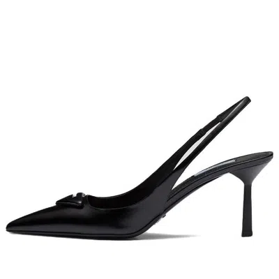 PRADA (WMNS) PRADA Patched Logo Brushed Leather Slingback Heels 'Black'