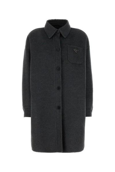 PRADA PRADA WOMEN DARK GREY WOOL BLEND COAT