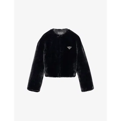 PRADA WOMENS BLACK ASPEN TRIANGLE-LOGO CROPPED FAUX-FUR JACKET