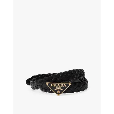 PRADA WOMENS BLACK BRANDED-BUCKLE BRAIDED LEATHER BELT