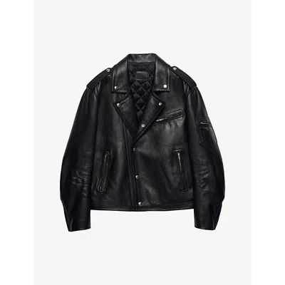 PRADA WOMENS BLACK VINTAGE-TREATED LEATHER BIKER JACKET