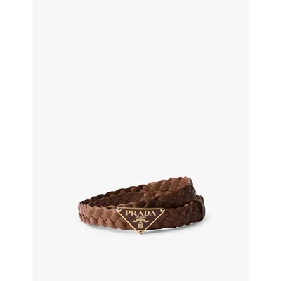 PRADA WOMENS BROWN BRANDED-BUCKLE BRAIDED LEATHER BELT