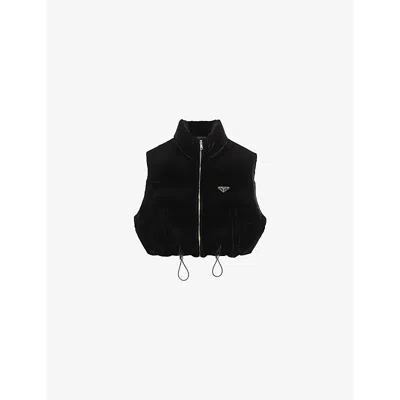 PRADA WOMENS BLACK LOGO-PLAQUE VELVET DOWN VEST
