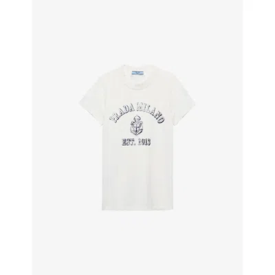 PRADA WOMENS PRADA LOGO-PRINT TRIANGLE-APPLIQUÉ COTTON-JERSEY T-SHIRT