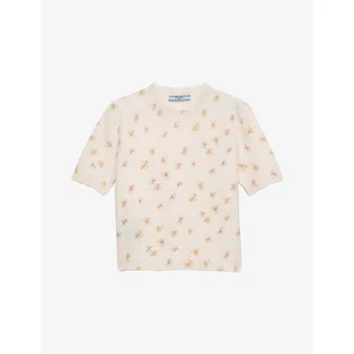 PRADA WOMENS YELLOW FLORAL-INTARSIA SHORT-SLEEVED WOOL JUMPER