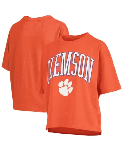 PRESSBOX WOMEN'S ORANGE CLEMSON TIGERS NELSON ARCH OVER LOGO WAIST LENGTH OVERSIZED SLUB T-SHIRT