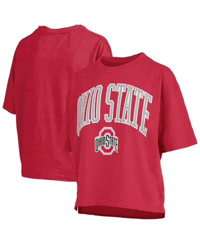 PRESSBOX WOMEN'SÂ SCARLET OHIO STATE BUCKEYES NELSON ARCH OVER LOGO WAIST LENGTH OVERSIZED SLUB T-SHIRT