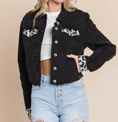 PRETTY BASH DENIM PANELED LEOPARD PRINT RIPPED JACKET IN BLACK