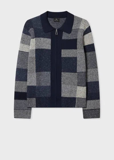 PS BY PAUL SMITH NAVY TONAL PATCHWORK ZIP-THROUGH CARDIGAN BLUE