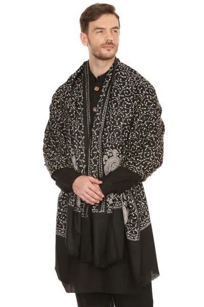 PT MENS EXTRA FINE WOOL FULL EMBROIDERY STOLE SHAWL WRAP RICH BLACK (MEDIUM)