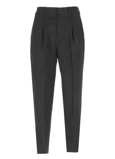 PT TORINO PALAZZO PANTS IN BLACK LINEN AND COTTON WITH FLORAL PATTERN